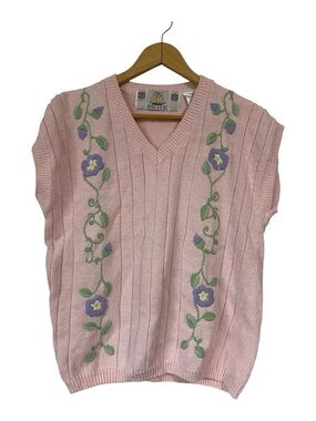 VTG Pacific 90s Pastel Pink Floral Embroidered Knit Sweater Vest medium